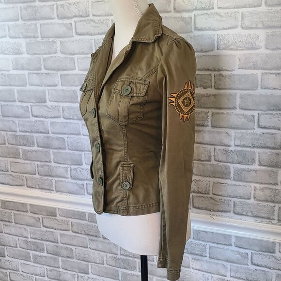 SO Button Down Fitted Jacket Long Sleeve Brown Embroidered Retro Womens Small - Picture 7 of 8
